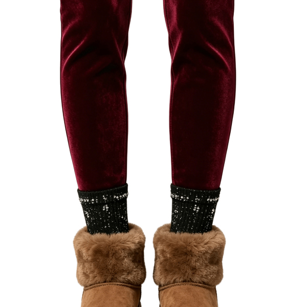 Camel Suede Fur-Cuff Ankle Boots with Embellished Socks