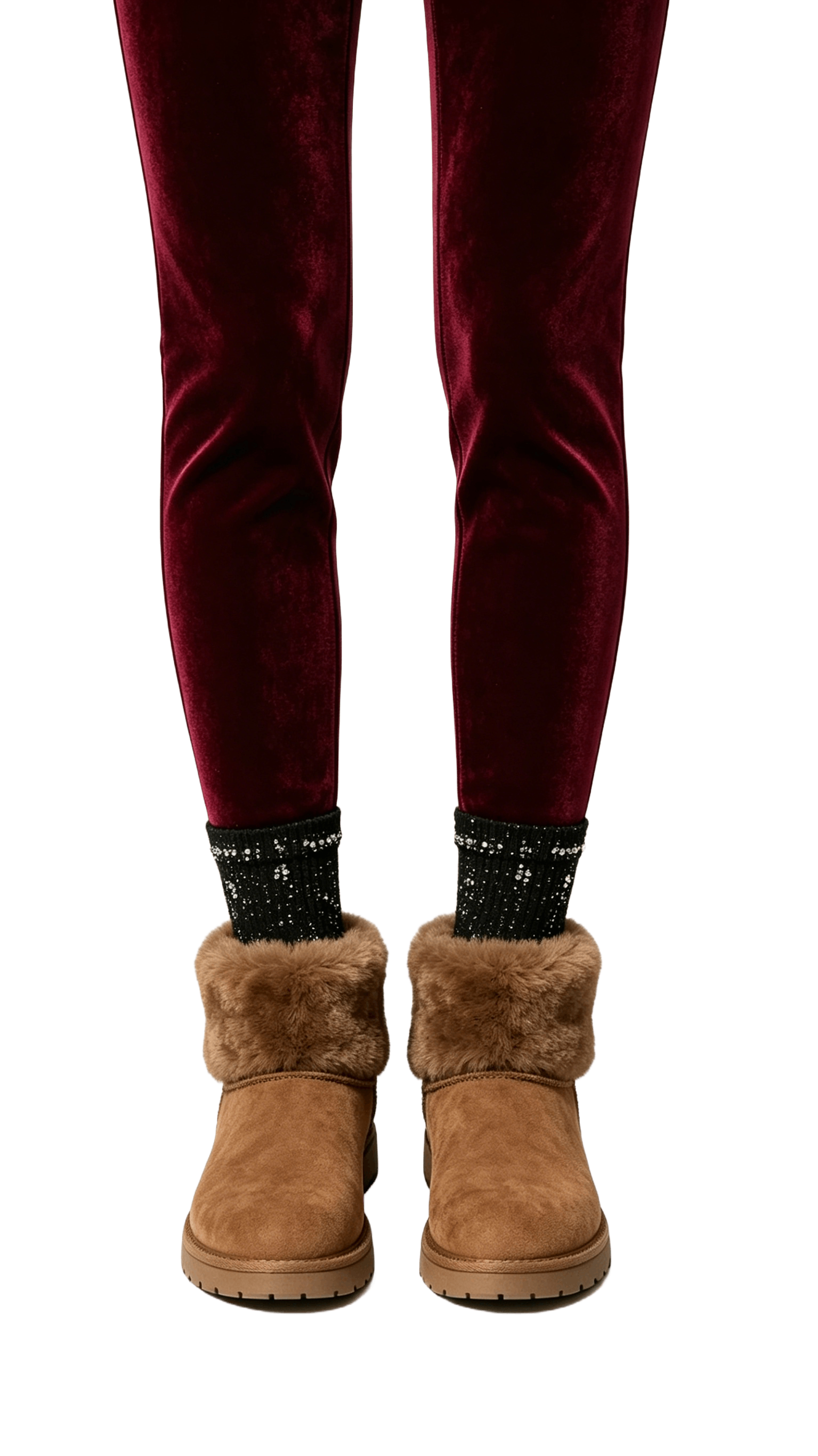 Camel Suede Fur-Cuff Ankle Boots with Embellished Socks