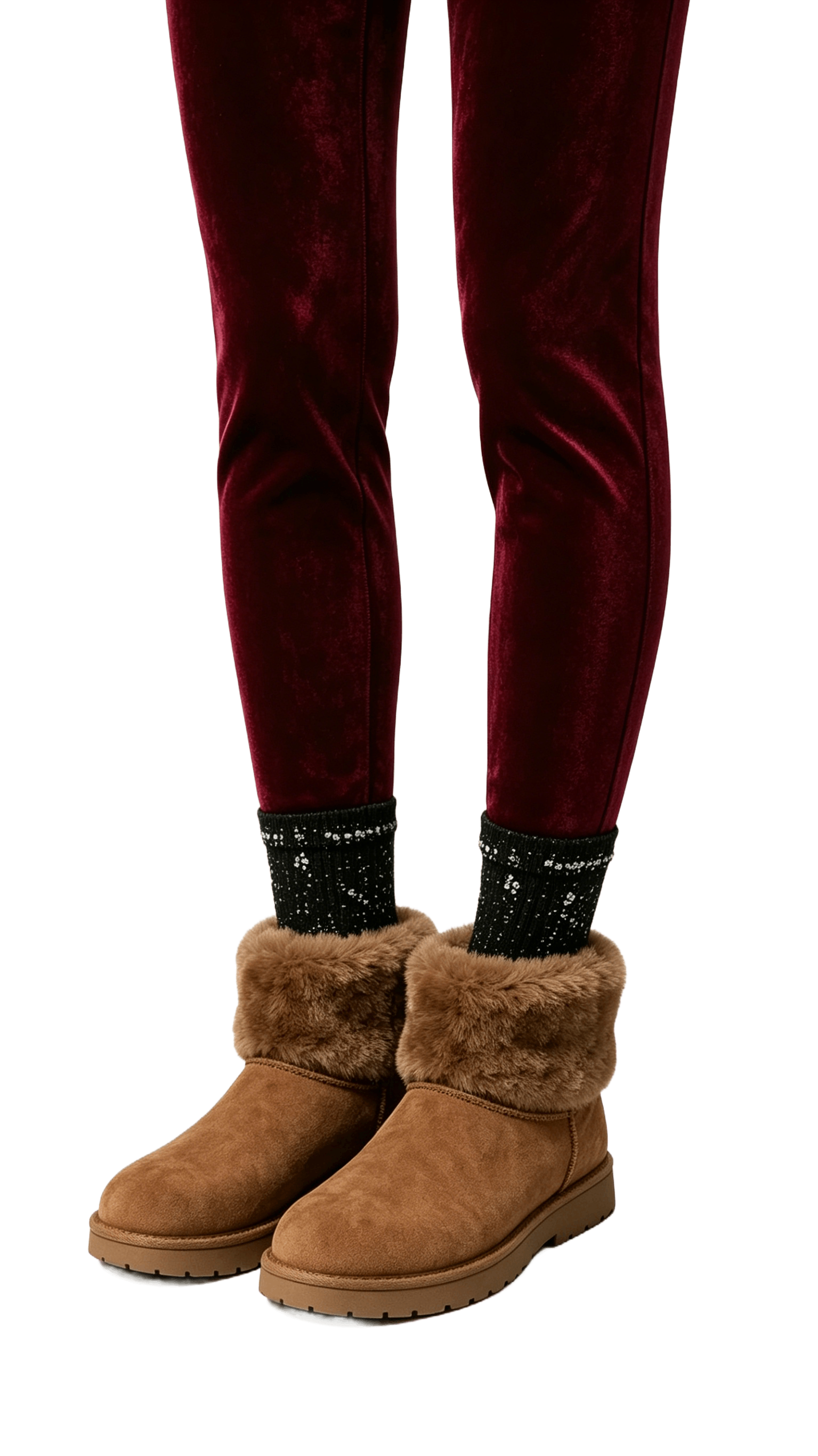 Camel Suede Fur-Cuff Ankle Boots with Embellished Socks - Image 2
