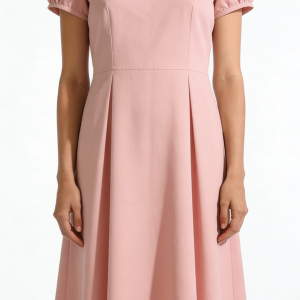 Pink Peter Pan Collar Puff Sleeve Flared Midi Dress