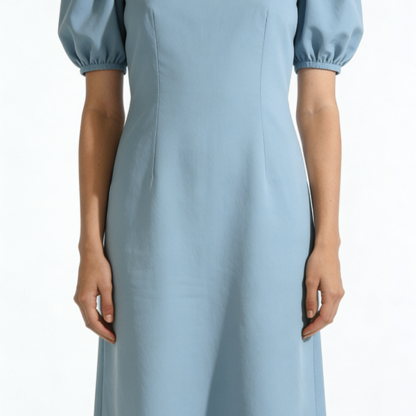 Light Blue Square Neck Puff Sleeve Midi Dress
