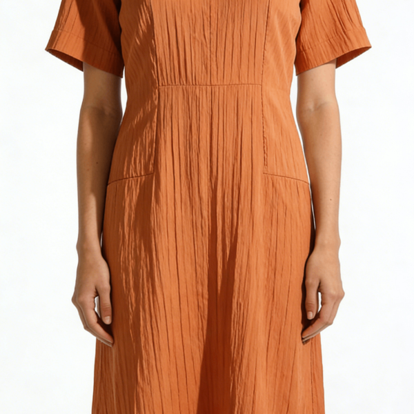 Orange Crinkled Texture Short Sleeve Midi Dress