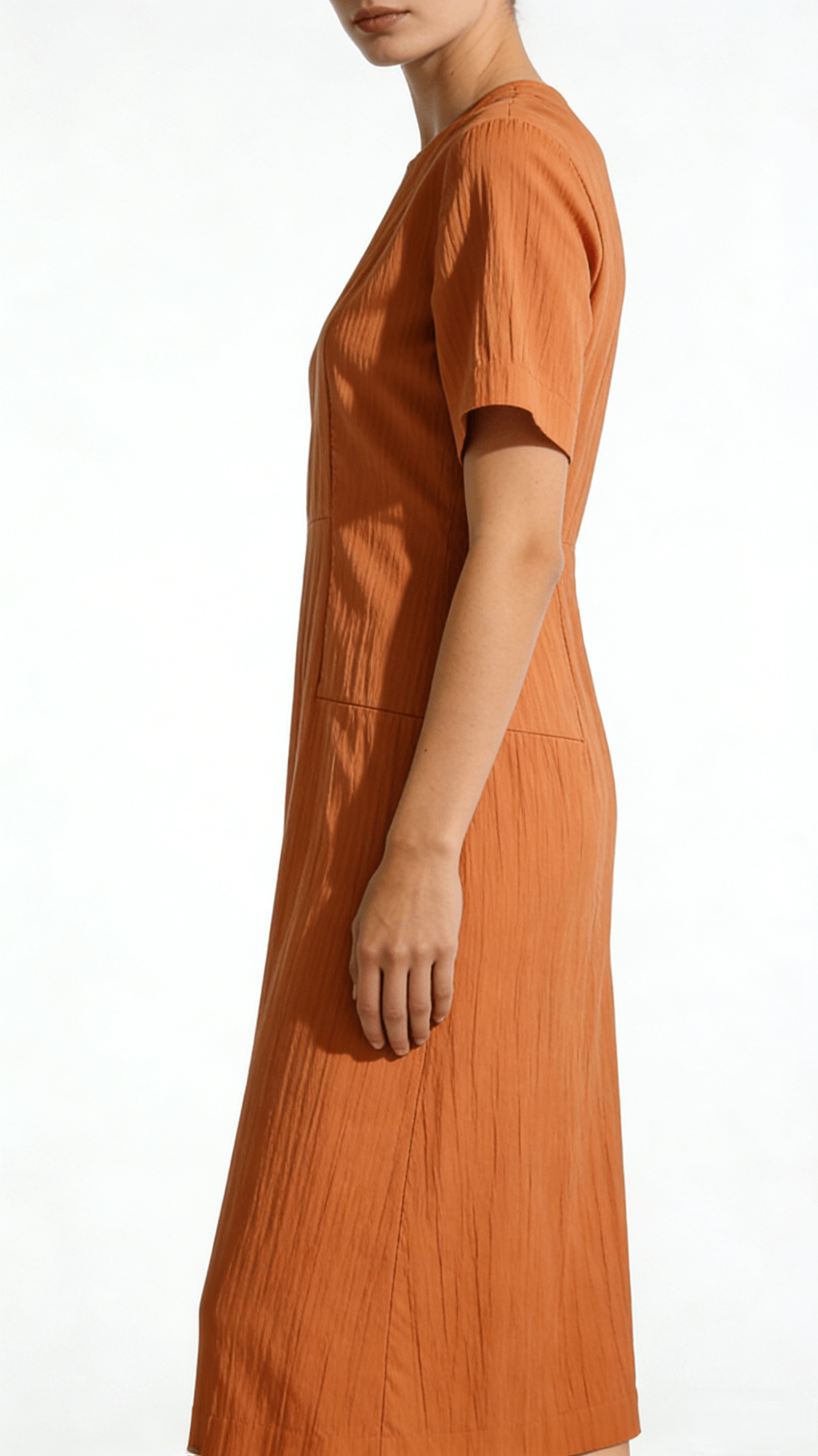 Orange Crinkled Texture Short Sleeve Midi Dress - Image 2