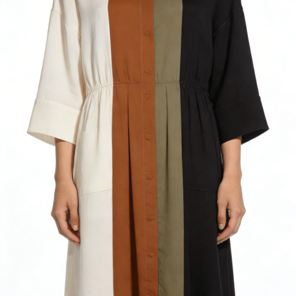 Multi-Color Block Button Front Elastic Waist Midi Dress