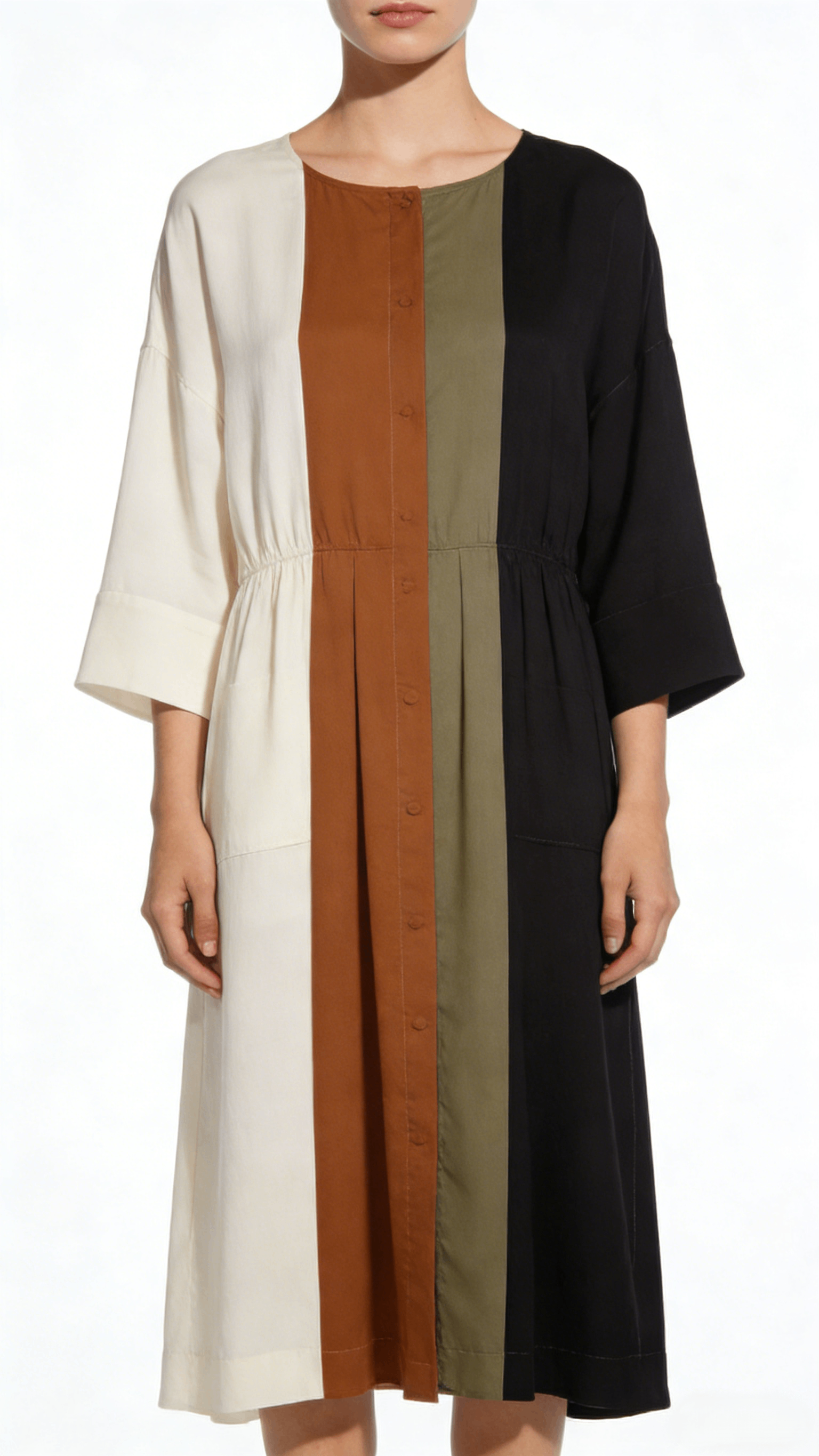 Multi-Color Block Button Front Elastic Waist Midi Dress