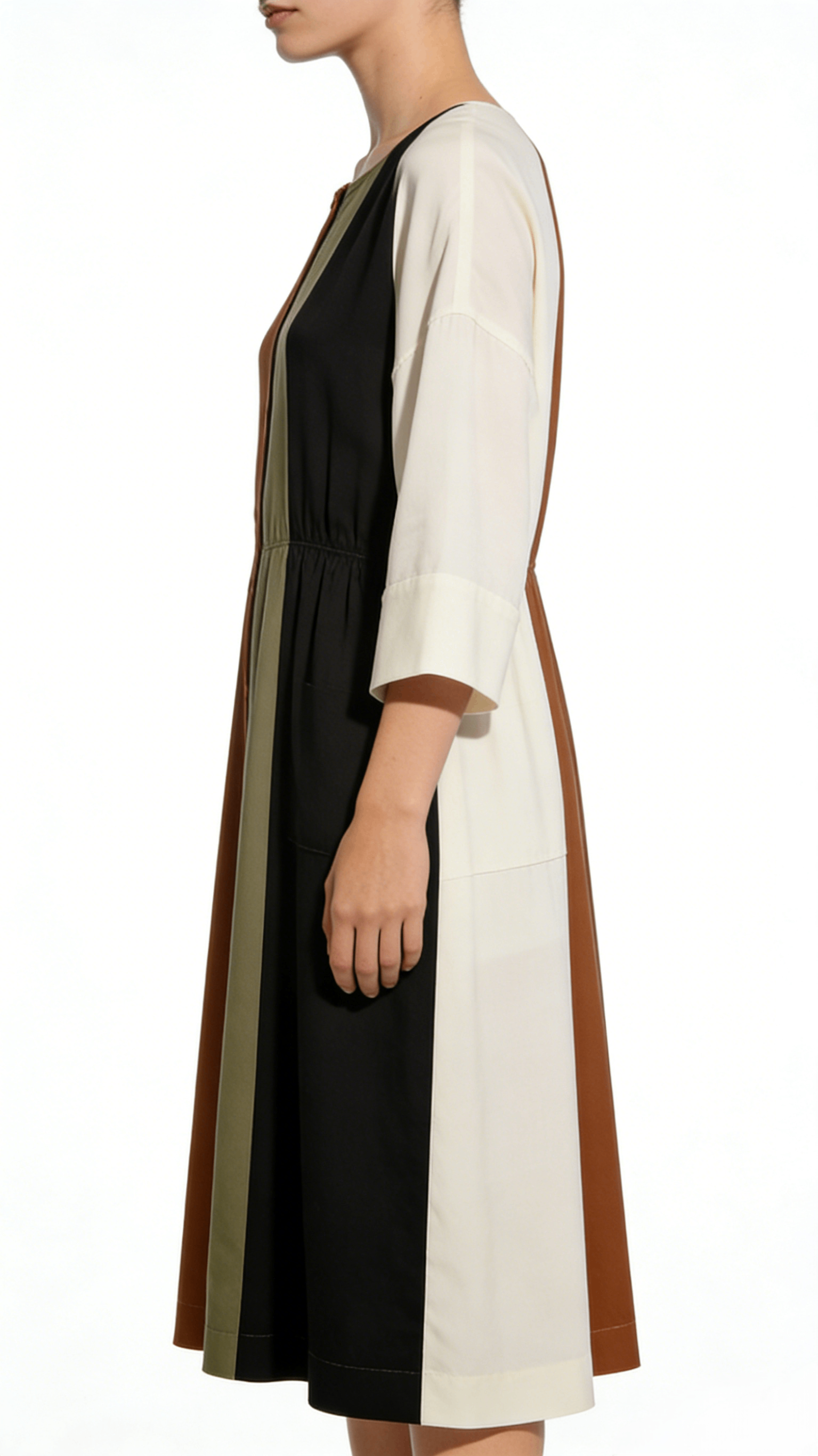 Multi-Color Block Button Front Elastic Waist Midi Dress - Image 2