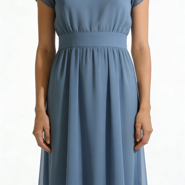 Light Blue Chiffon Waisted Flared Midi Dress