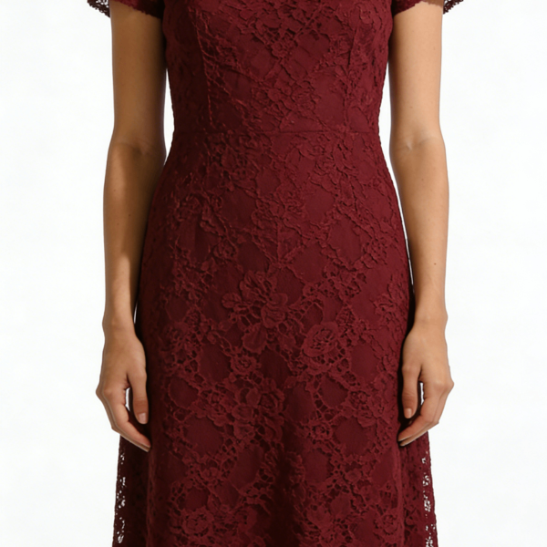 Burgundy Lace Square Neck Flared Midi Dress