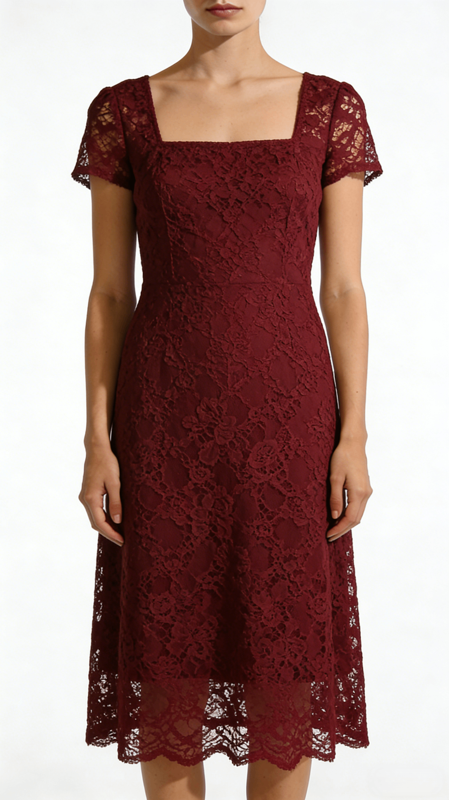 Burgundy Lace Square Neck Flared Midi Dress