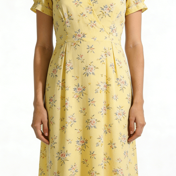 Yellow Floral Print V-Neck Puff Sleeve Midi Dress