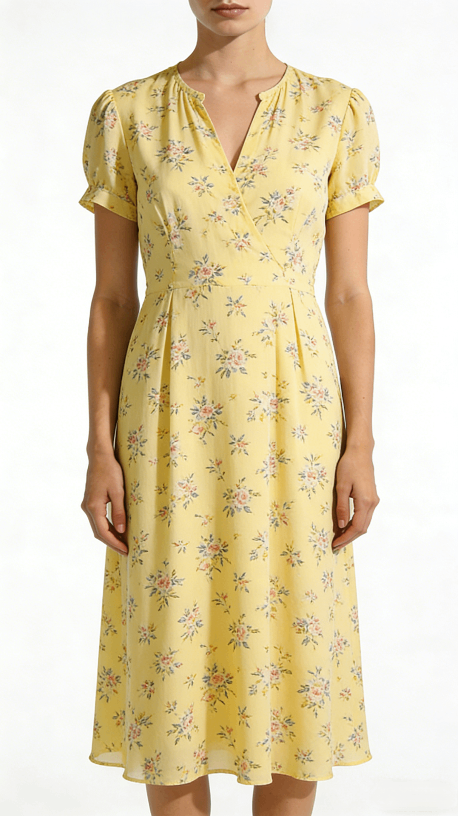 Yellow Floral Print V-Neck Puff Sleeve Midi Dress