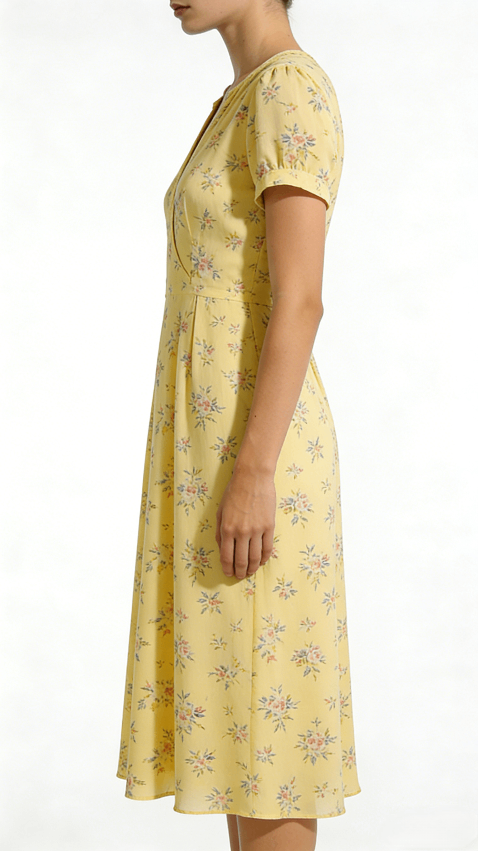 Yellow Floral Print V-Neck Puff Sleeve Midi Dress - Image 2