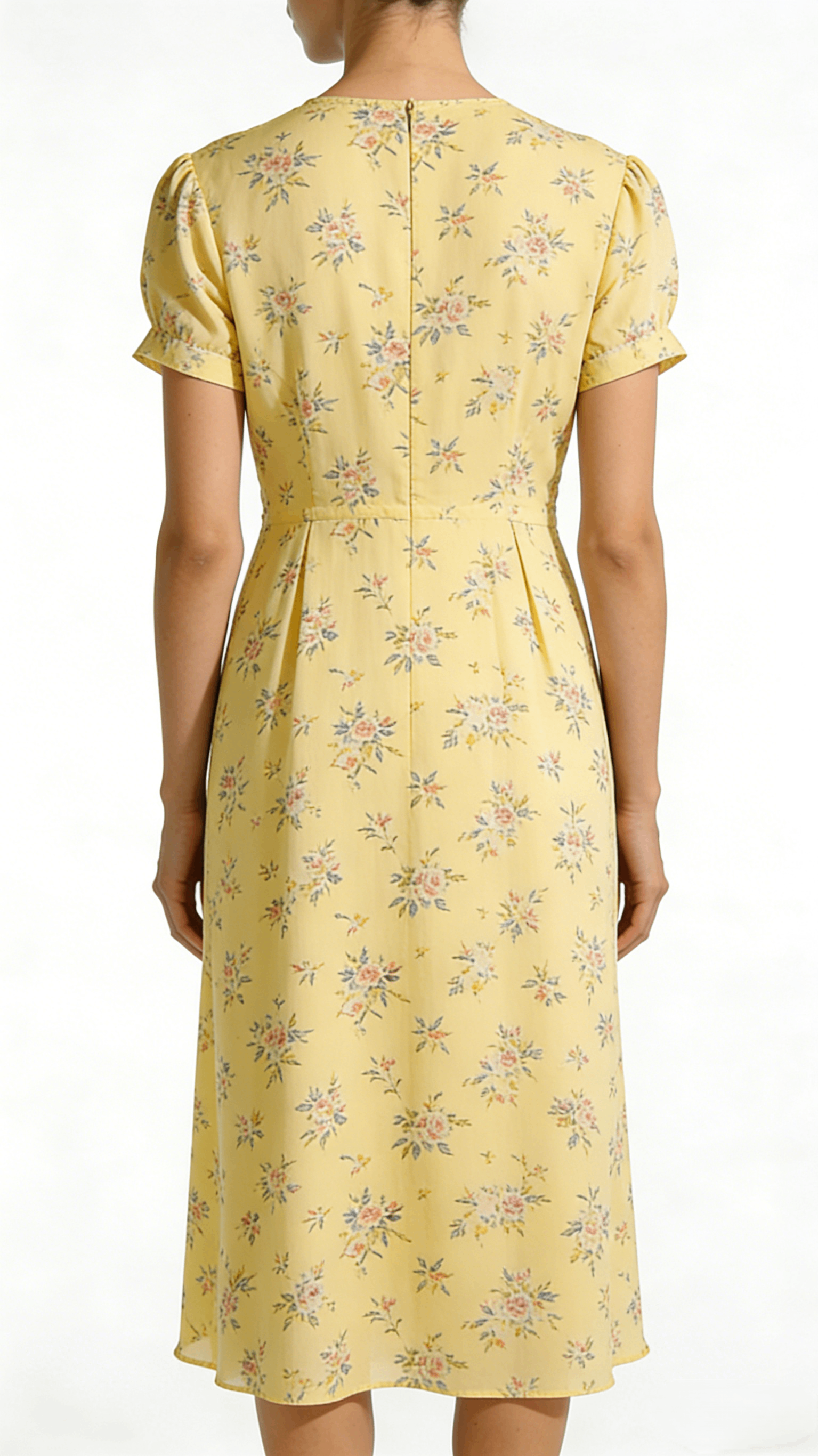 Yellow Floral Print V-Neck Puff Sleeve Midi Dress - Image 3