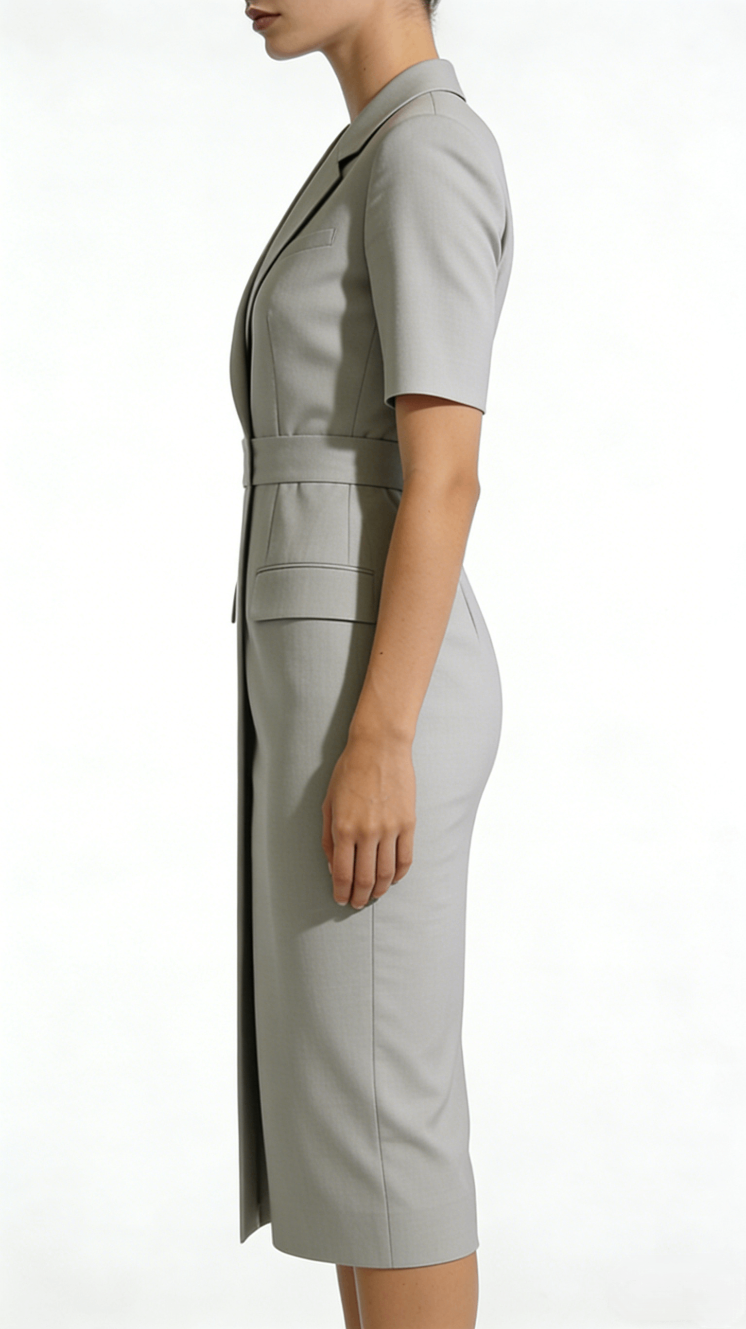Light Gray Blazer Style Half Sleeve Belted Midi Dress - Image 2