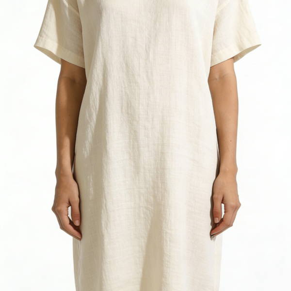 Cream White Linen Blend Loose Fit Midi Dress