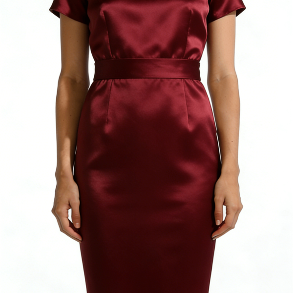 Burgundy Satin Waisted Bodycon Midi Dress