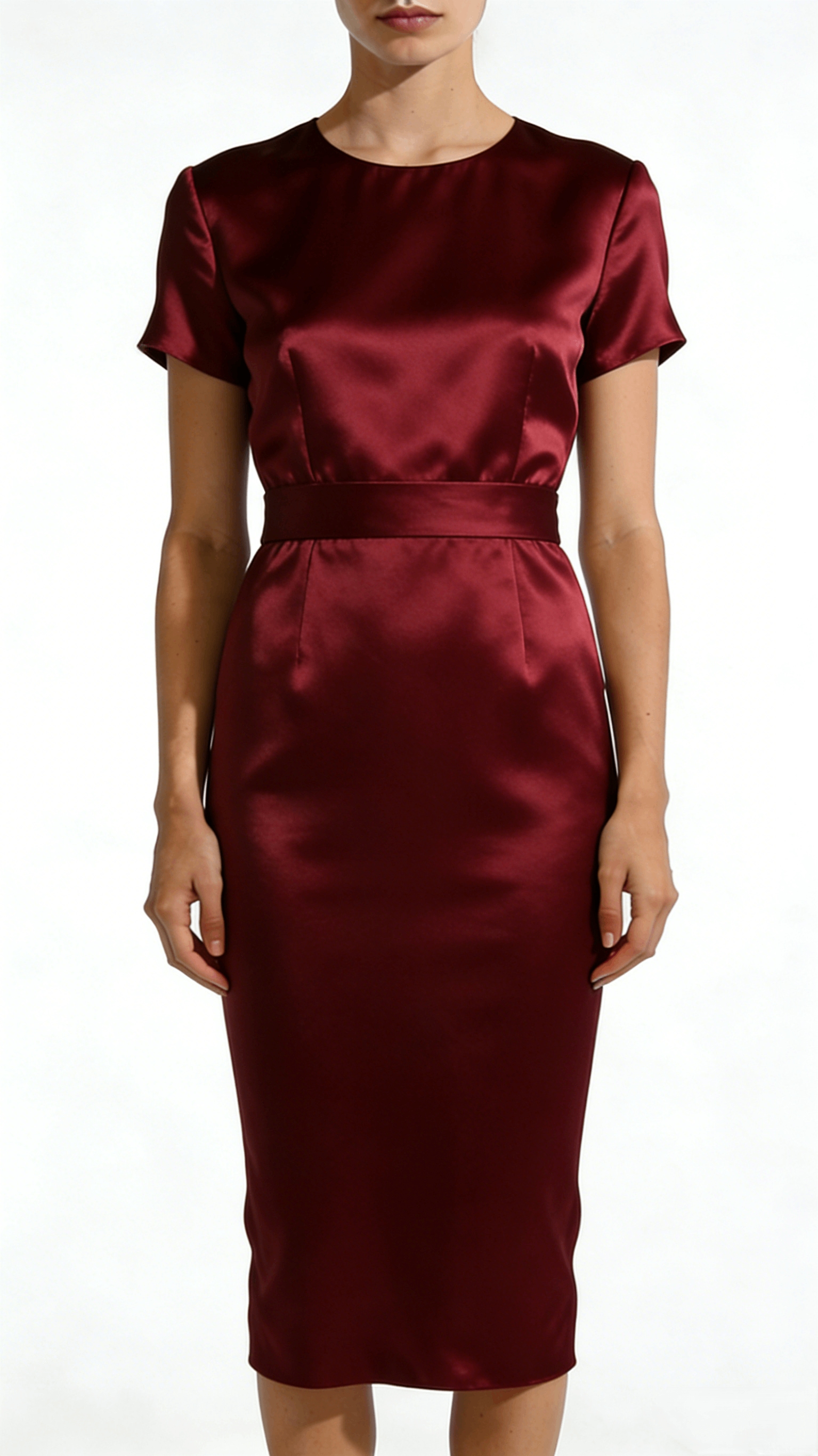 Burgundy Satin Waisted Bodycon Midi Dress