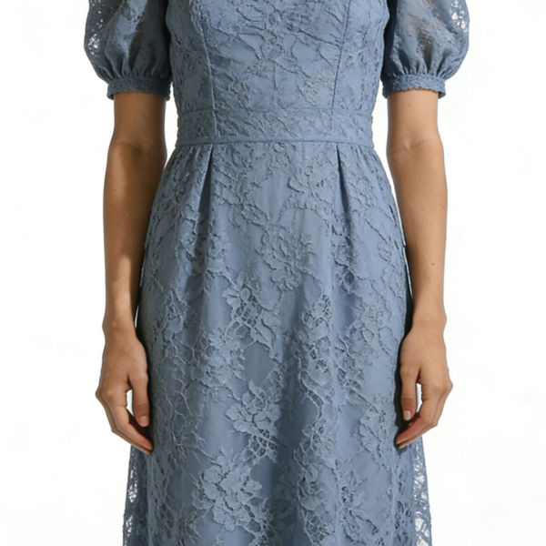 Dusty Blue Lace Square Neck Puff Sleeve Midi Dress