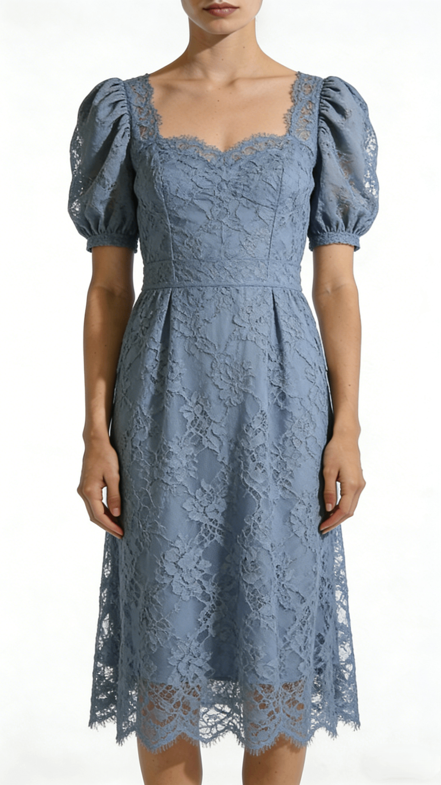 Dusty Blue Lace Square Neck Puff Sleeve Midi Dress