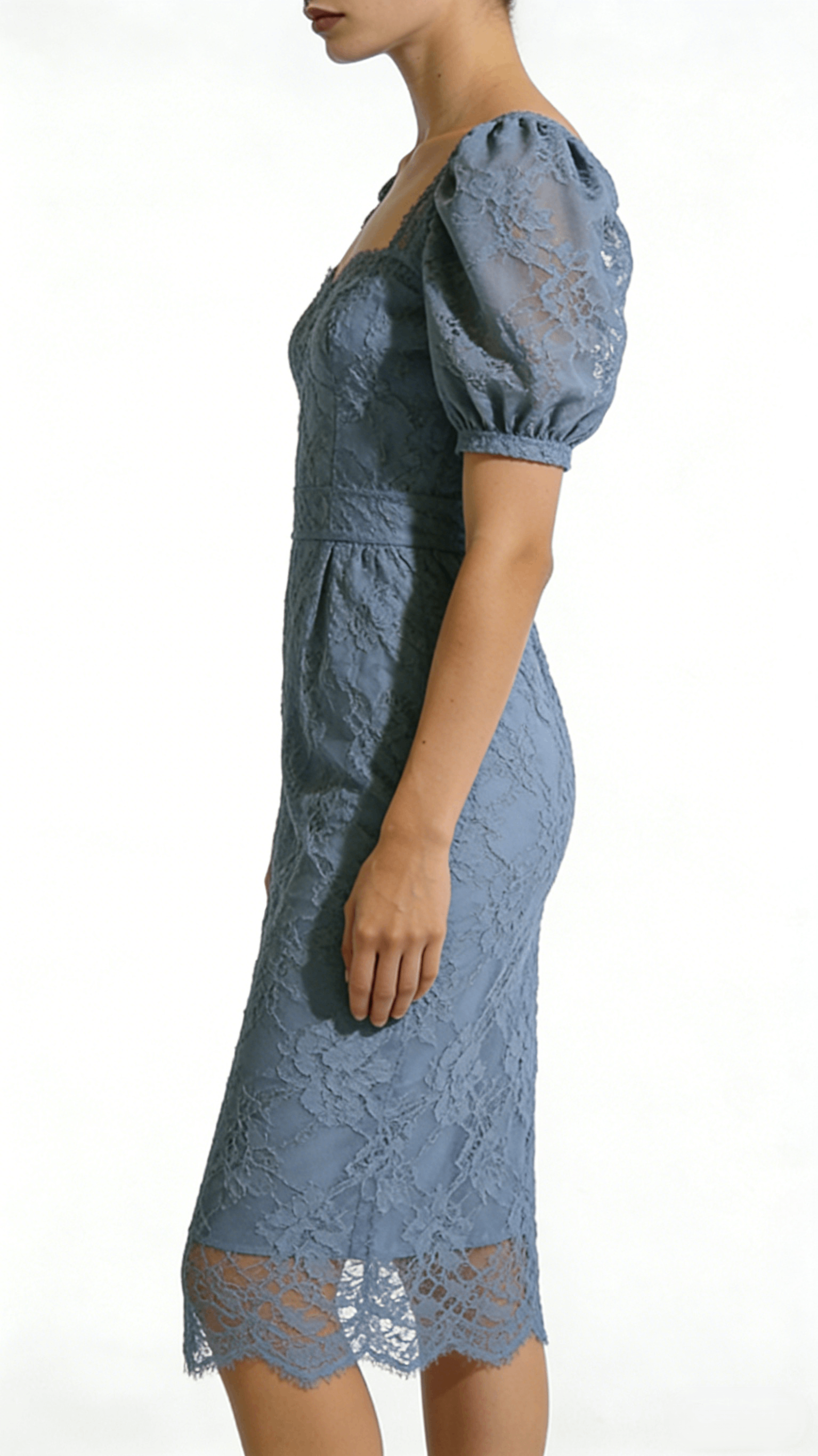 Dusty Blue Lace Square Neck Puff Sleeve Midi Dress - Image 2