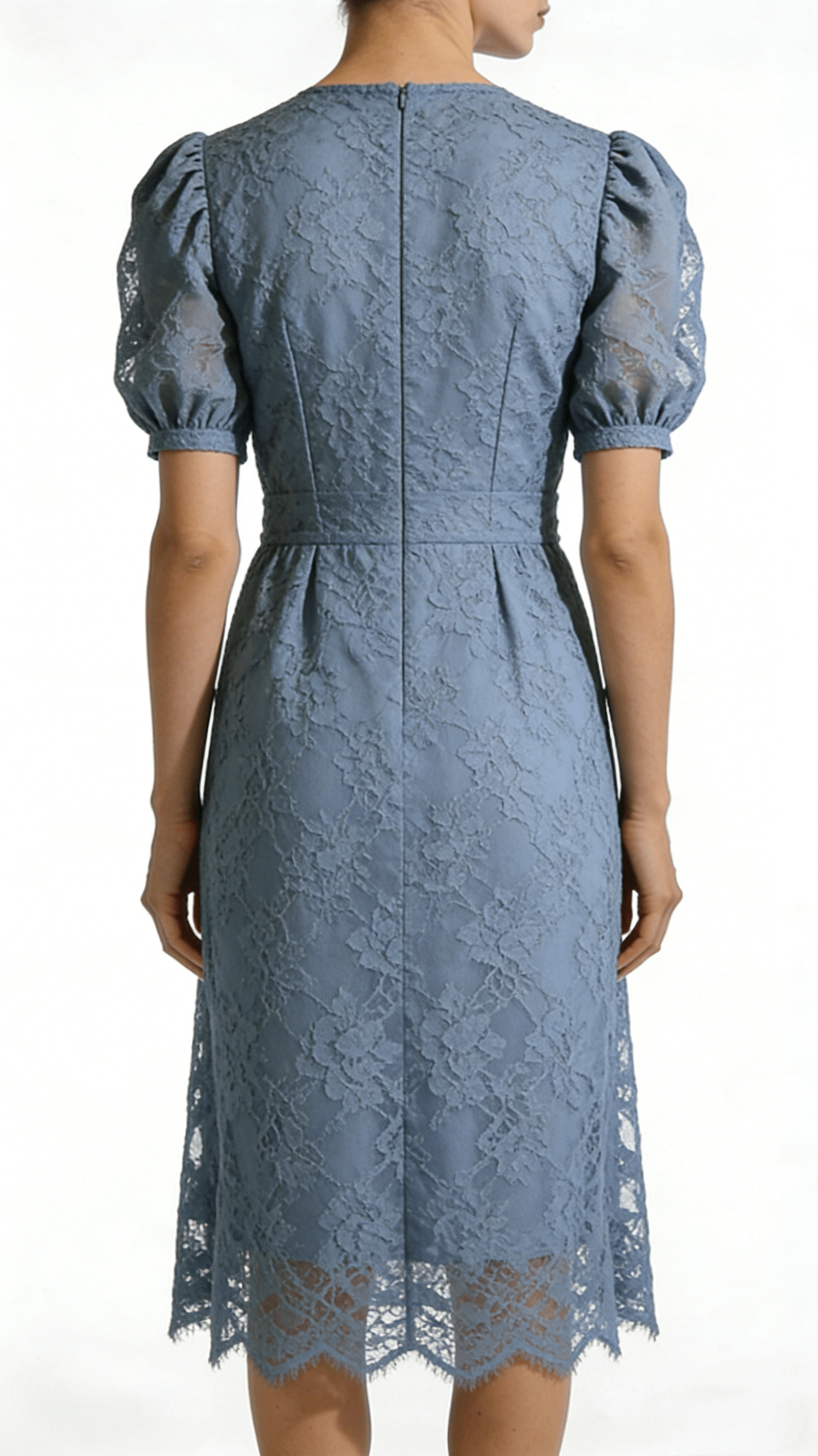 Dusty Blue Lace Square Neck Puff Sleeve Midi Dress - Image 3