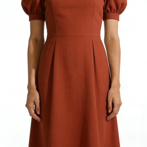 Rust Red Square Neck Puff Sleeve A-Line Midi Dress