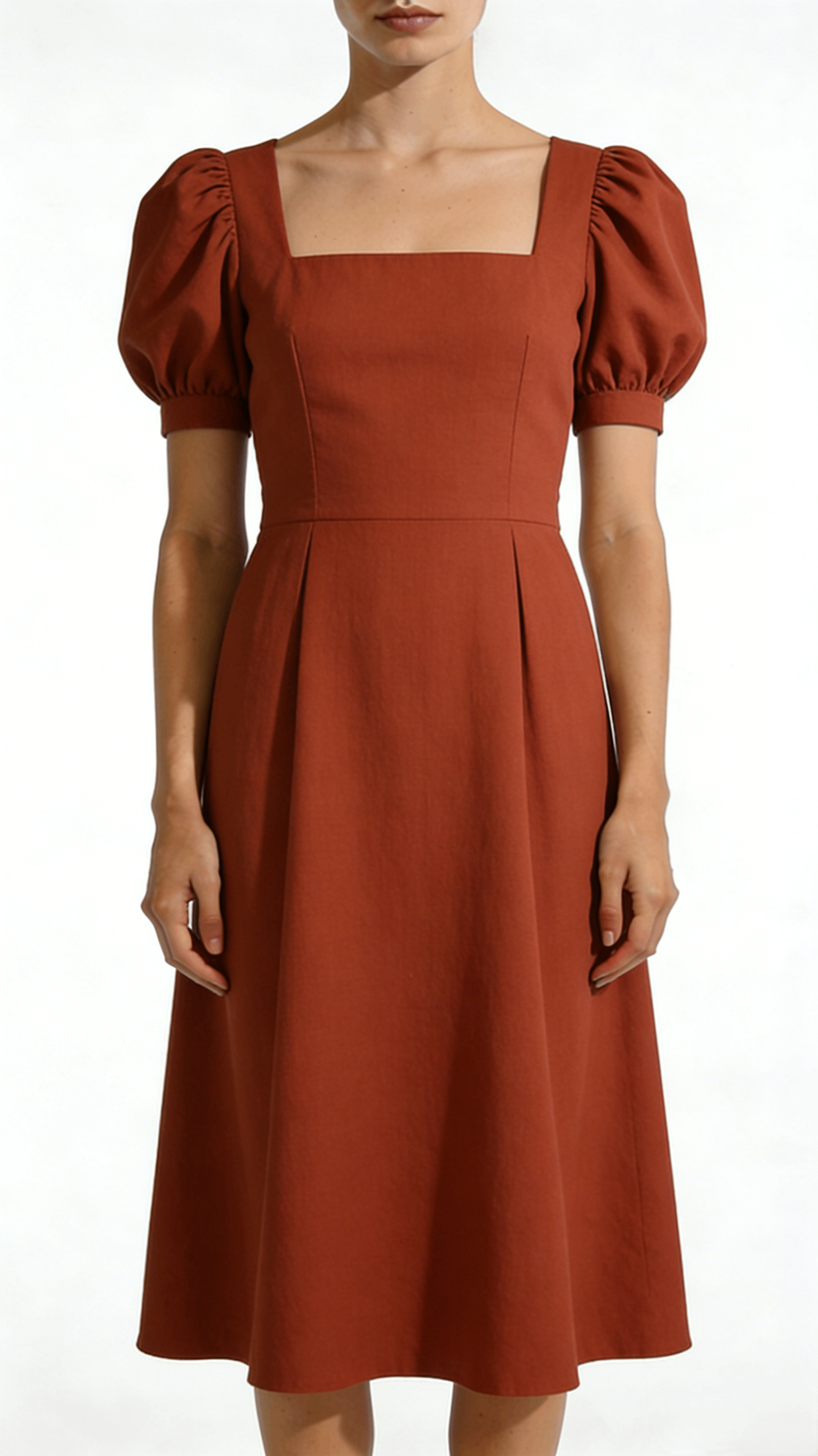 Rust Red Square Neck Puff Sleeve A-Line Midi Dress