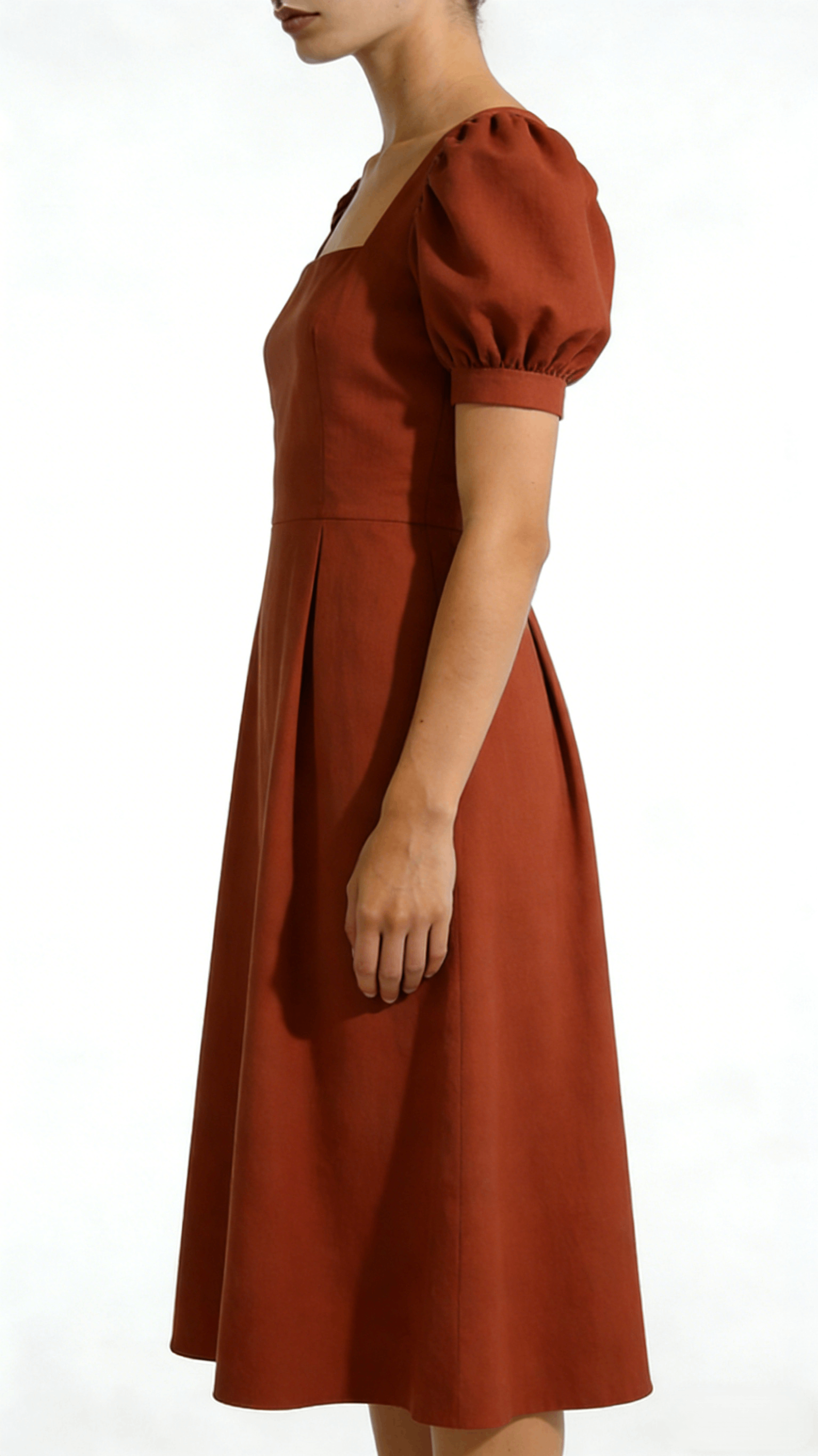 Rust Red Square Neck Puff Sleeve A-Line Midi Dress - Image 2