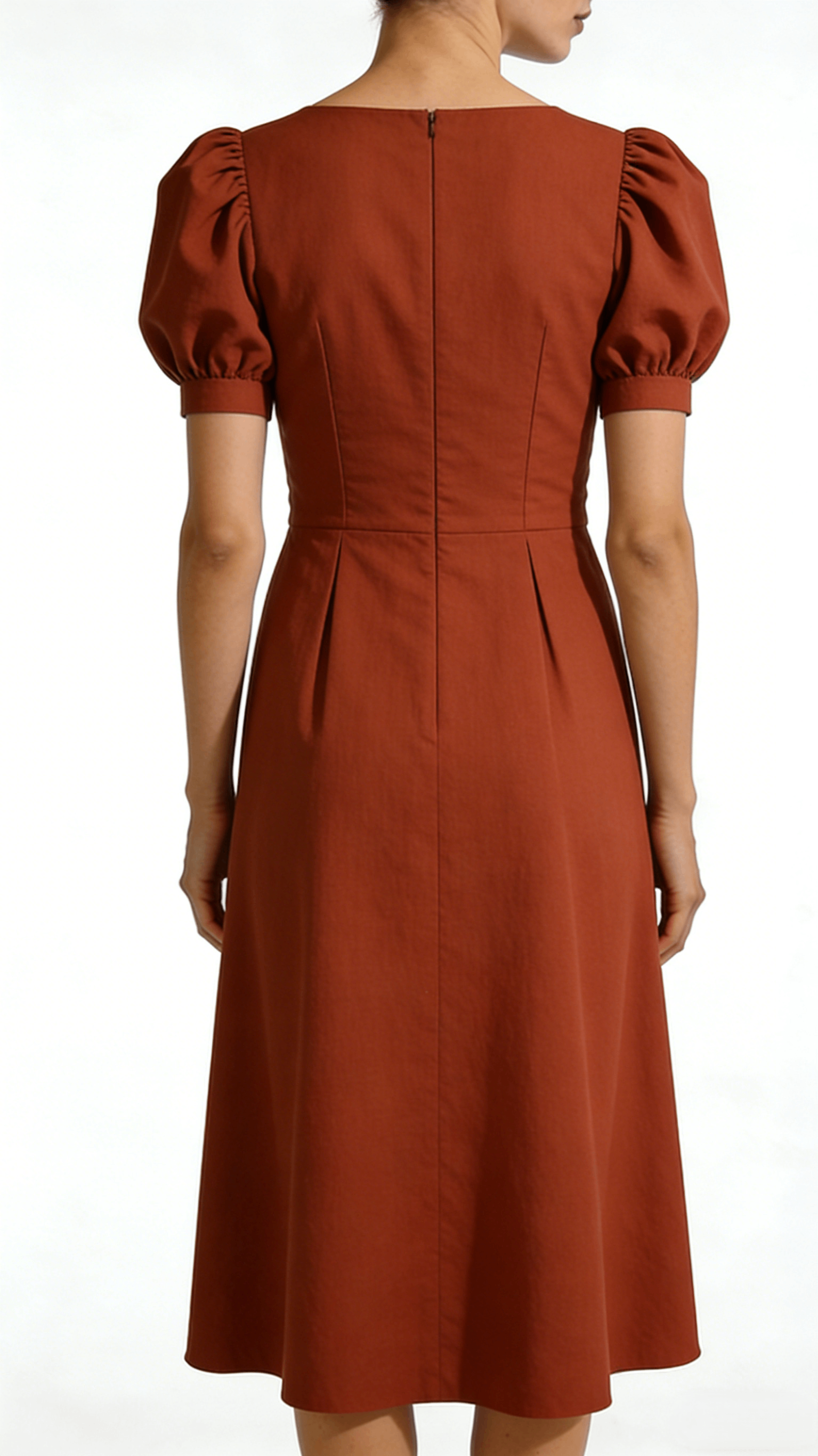 Rust Red Square Neck Puff Sleeve A-Line Midi Dress - Image 3