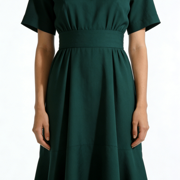 Dark Green Waisted Belted Flared Midi Dress