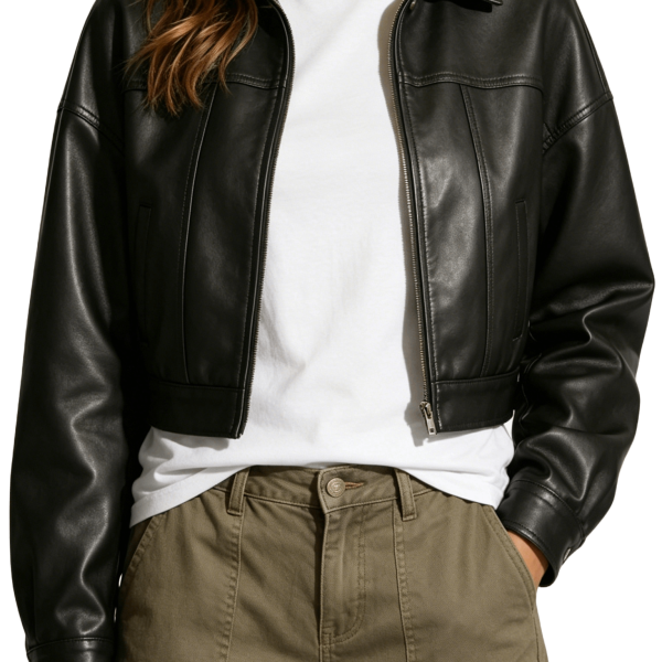 Black Cropped Leather Trucker Jacket