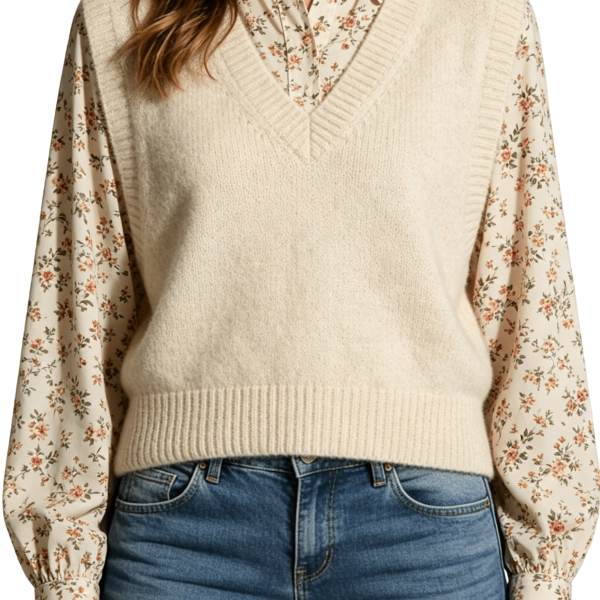 Cream Knit Vest & Floral Blouse Combo
