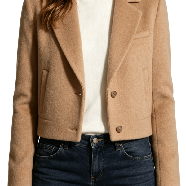 Camel Wool-Blend Cropped Blazer Jacket