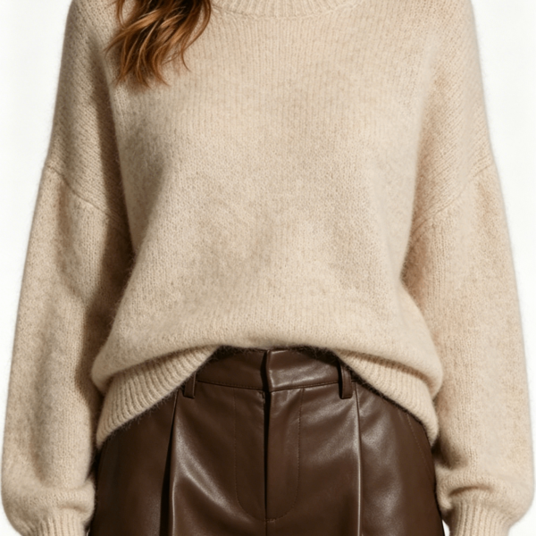 Beige Fuzzy Knit Sweater With Undershirt