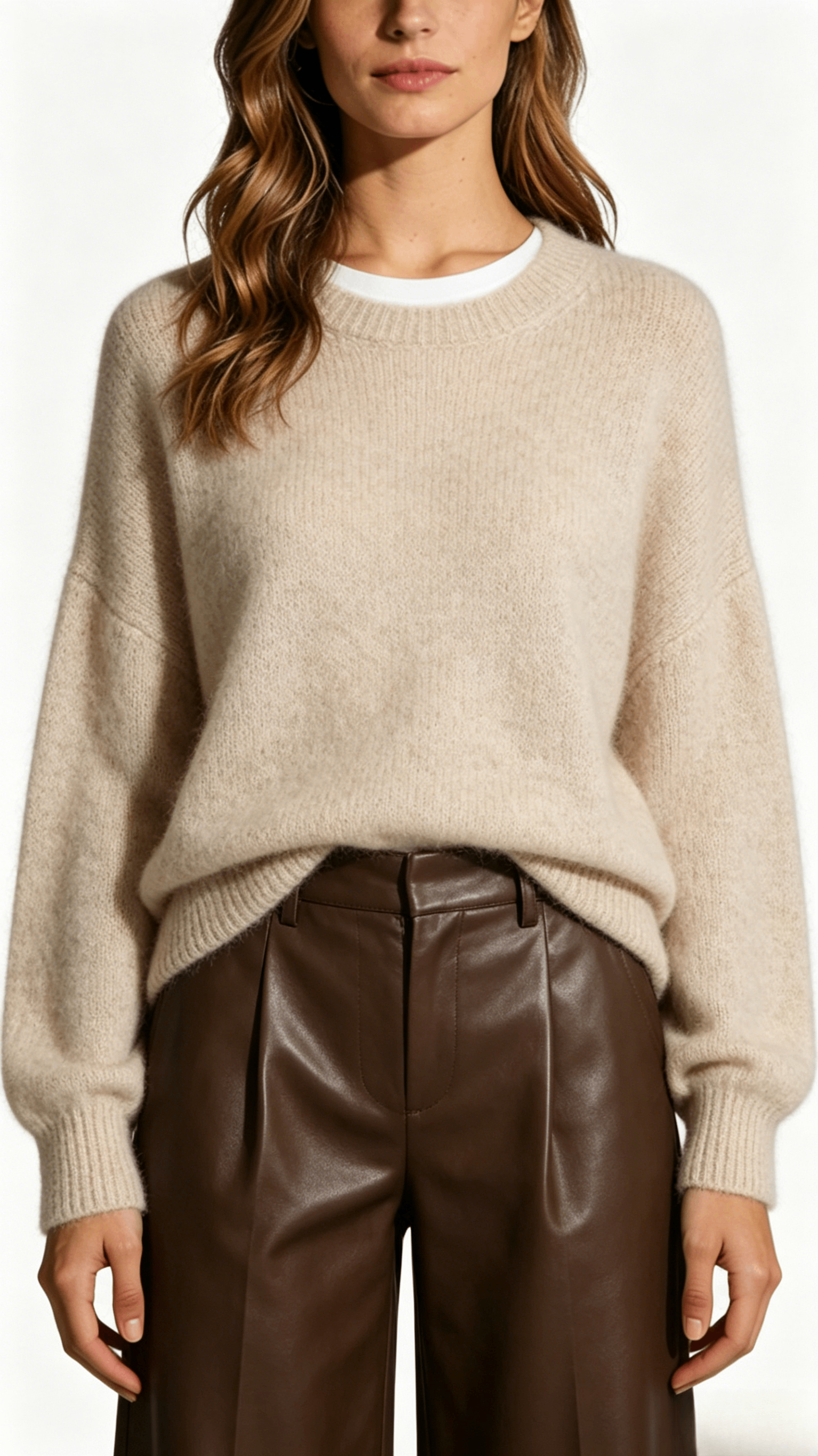 Beige Fuzzy Knit Sweater With Undershirt