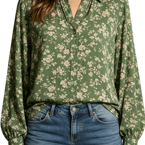 Green Floral Print Button-Down Shirt