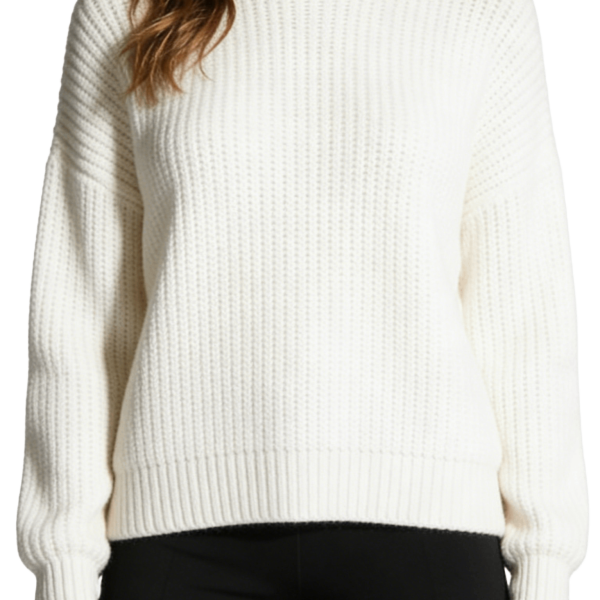 White Ribbed Knit Crew Neck Sweater