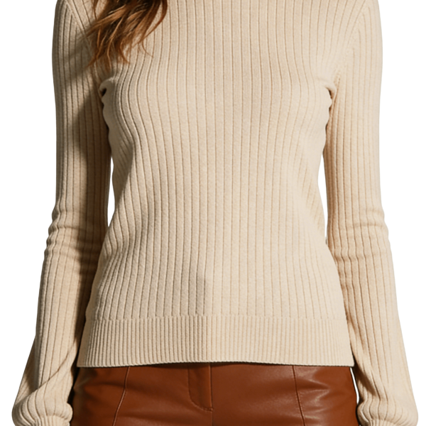 Beige Ribbed Knit Fitted Sweater