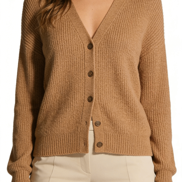 Camel Ribbed V-Neck Cardigan