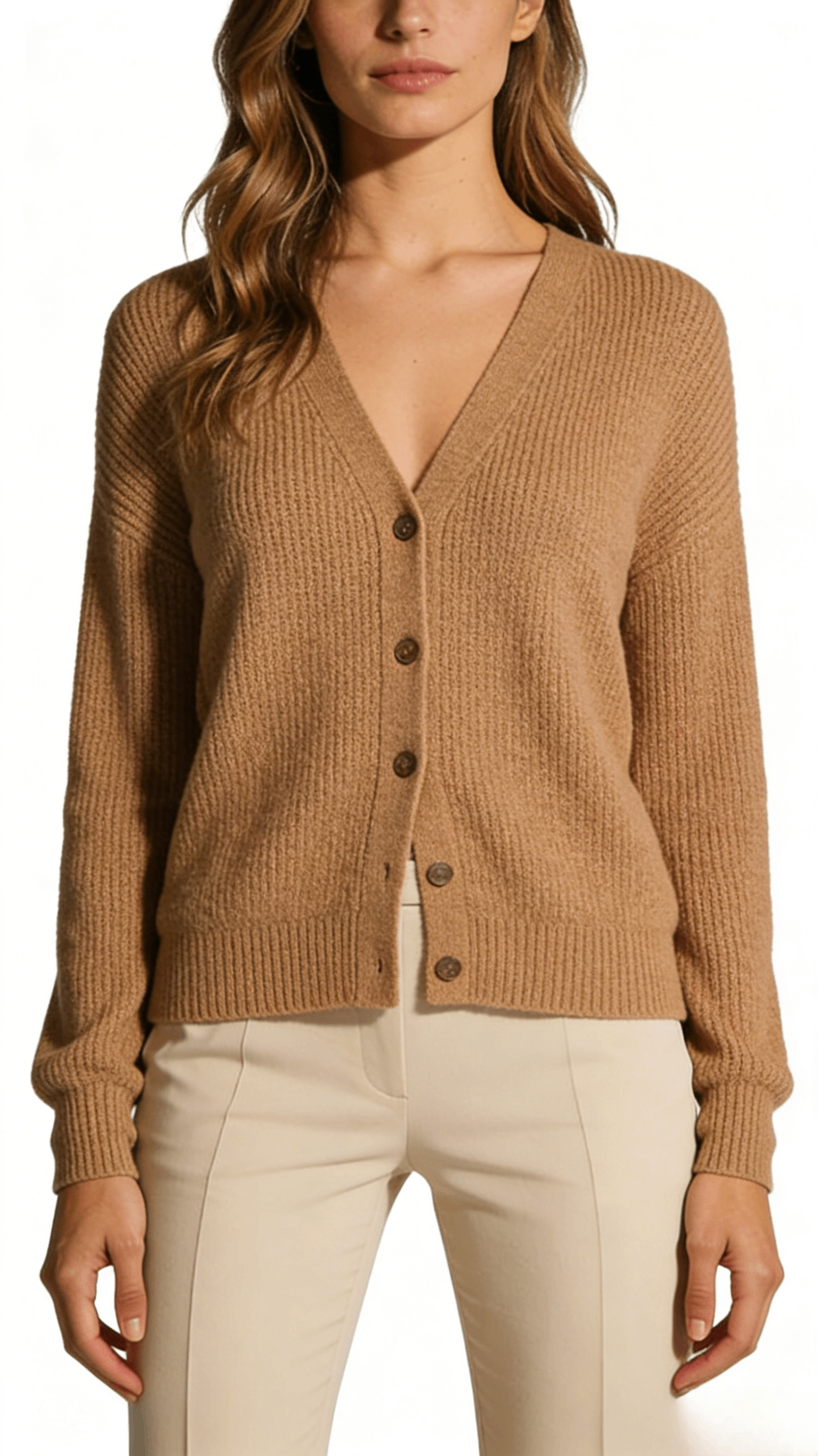 Camel Ribbed V-Neck Cardigan