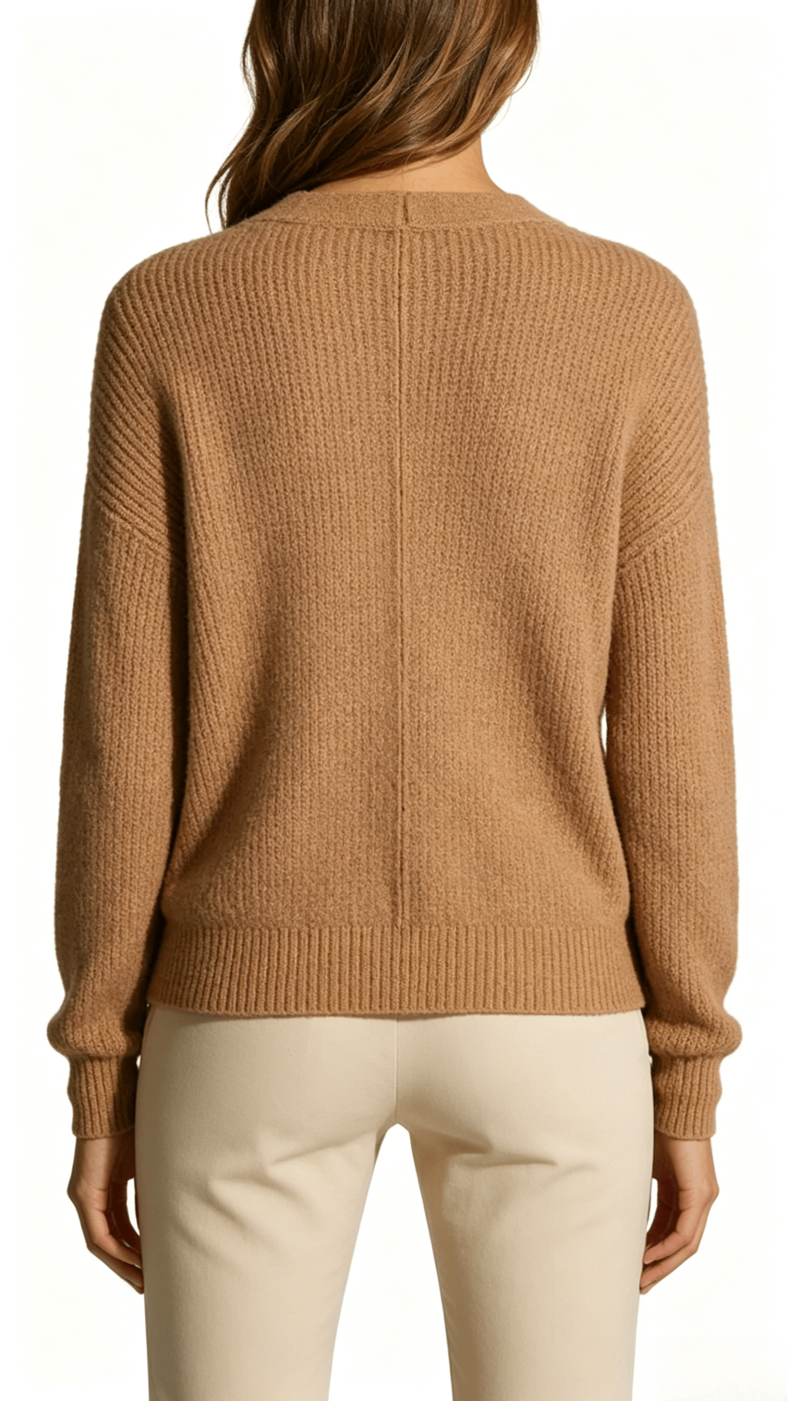 Camel Ribbed V-Neck Cardigan - Image 3