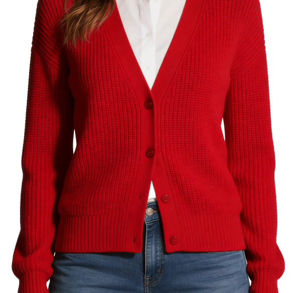 Bright Red Waffle Knit V-Neck Cardigan