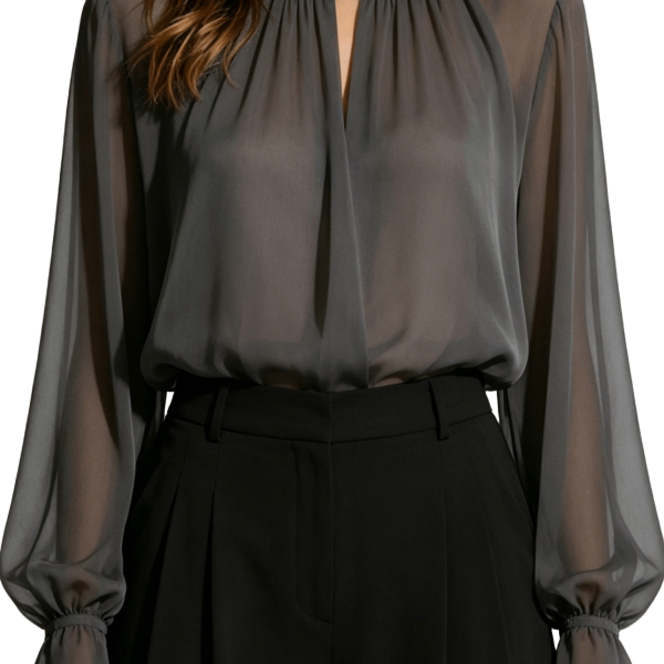 Grey Sheer Chiffon Keyhole Blouse