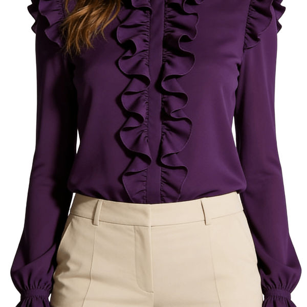 Purple Ruffled Front Long Sleeve Blouse