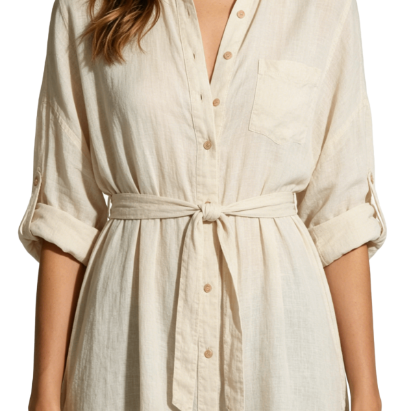 Cream Belted Button-Down Tunic