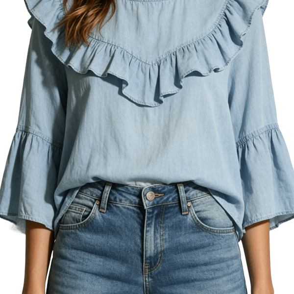 Light Blue Chambray Ruffle Blouse