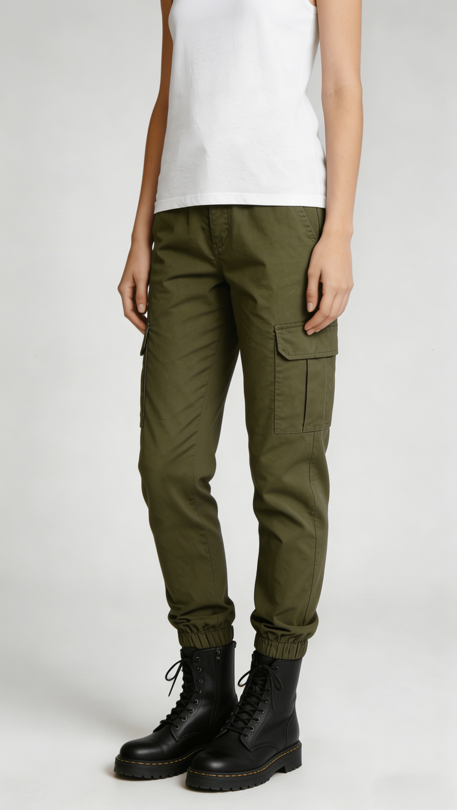 Olive Green Cargo Jogger Pants with Elastic Cuffs - Image 2