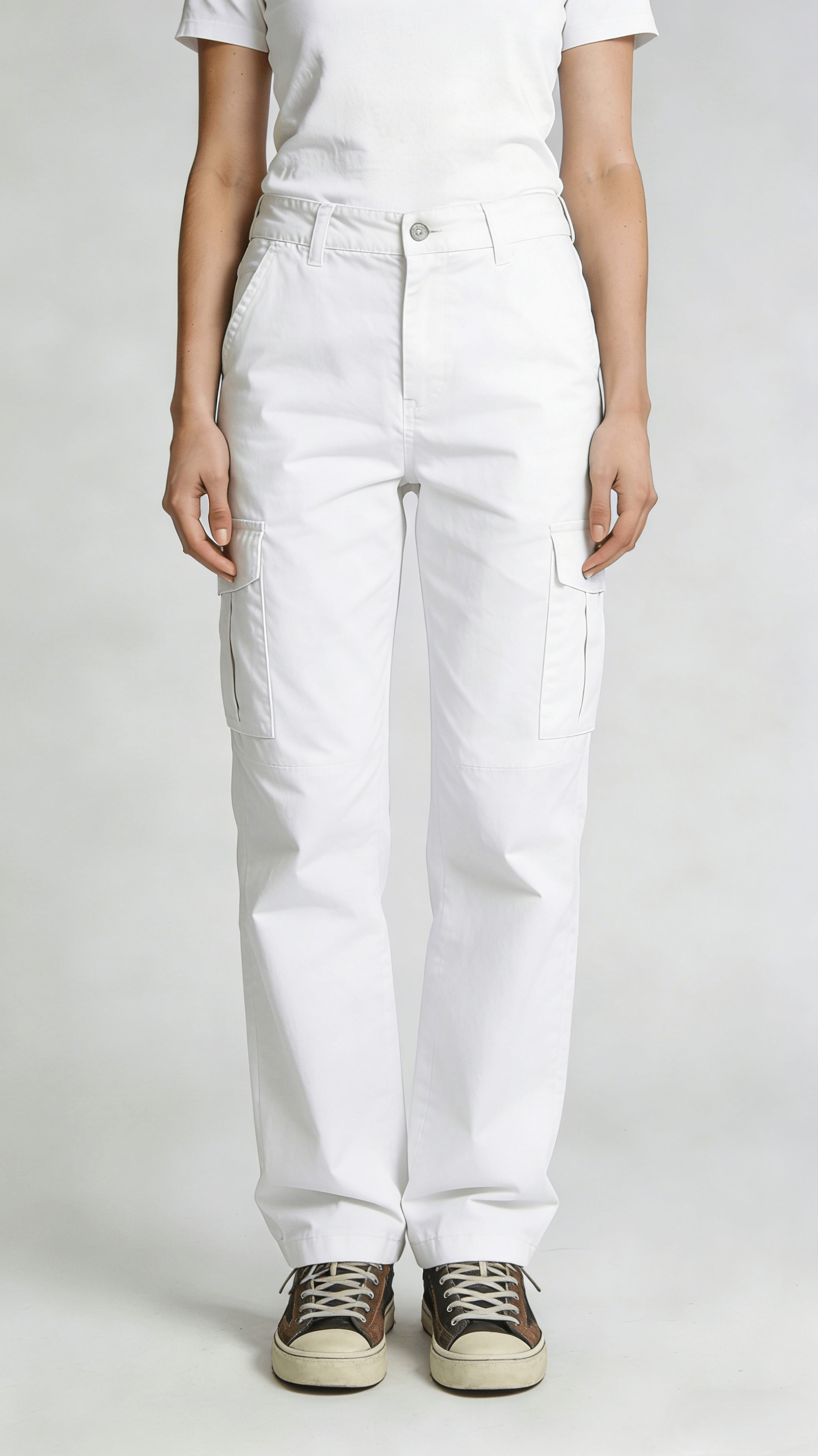 White Multi-Pocket Straight Leg Cargo Pants