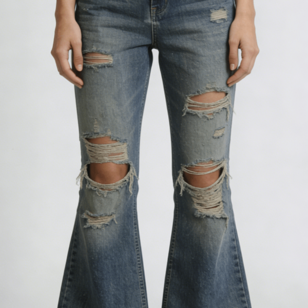 Distressed Vintage Blue High Waist Flare Jeans
