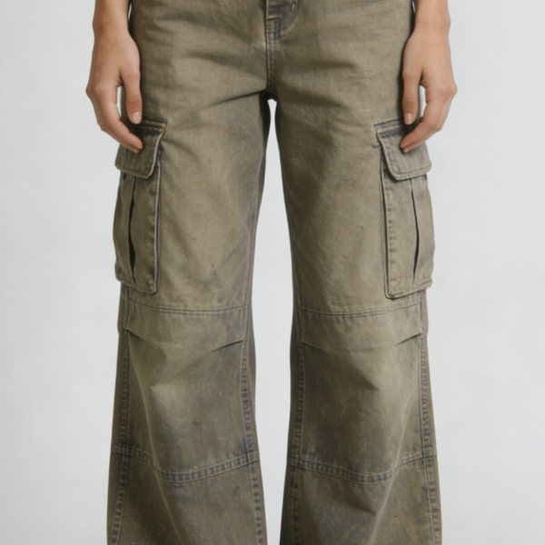 Vintage Washed Olive Green High Waist Wide Leg Cargo Pants